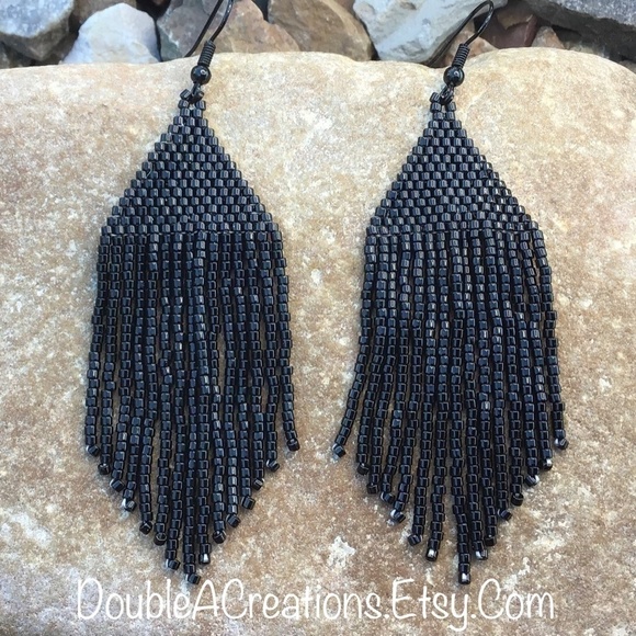 Black Beaded Earrings With Fringe, New, Handmade by Me - Picture 3 of 9